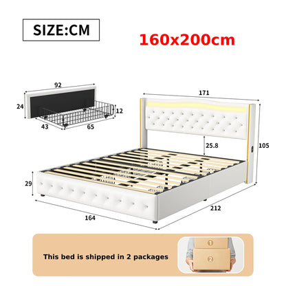 Anajqaqia gepolsterter Doppelbettrahmen 140 x 200 cm, 160 x 200 cm, mit Licht und Aufladung, weißes PU, ohne Matratze