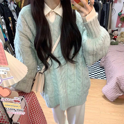 Herbst Winter Frauen Pullover Harajuku Übergroßen Gestrickte Pullover Koreanische Langarm V-ausschnitt Strickwaren Preppy Solide Lose Jumper