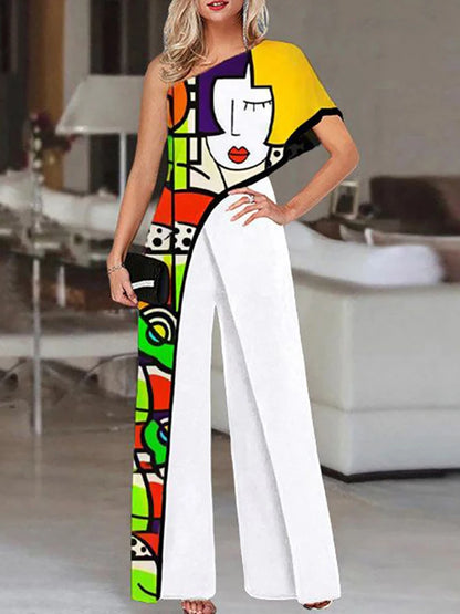 Colorful Ladies Face Print Slim Jumpsuits Summer Off Shoulder Diagonal Collar Sexy Rompers Women Loose Straight Wide Leg Pants.