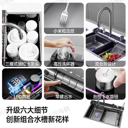 Waterfall kitchen sink nano thickened digital display honeycomb household single slot