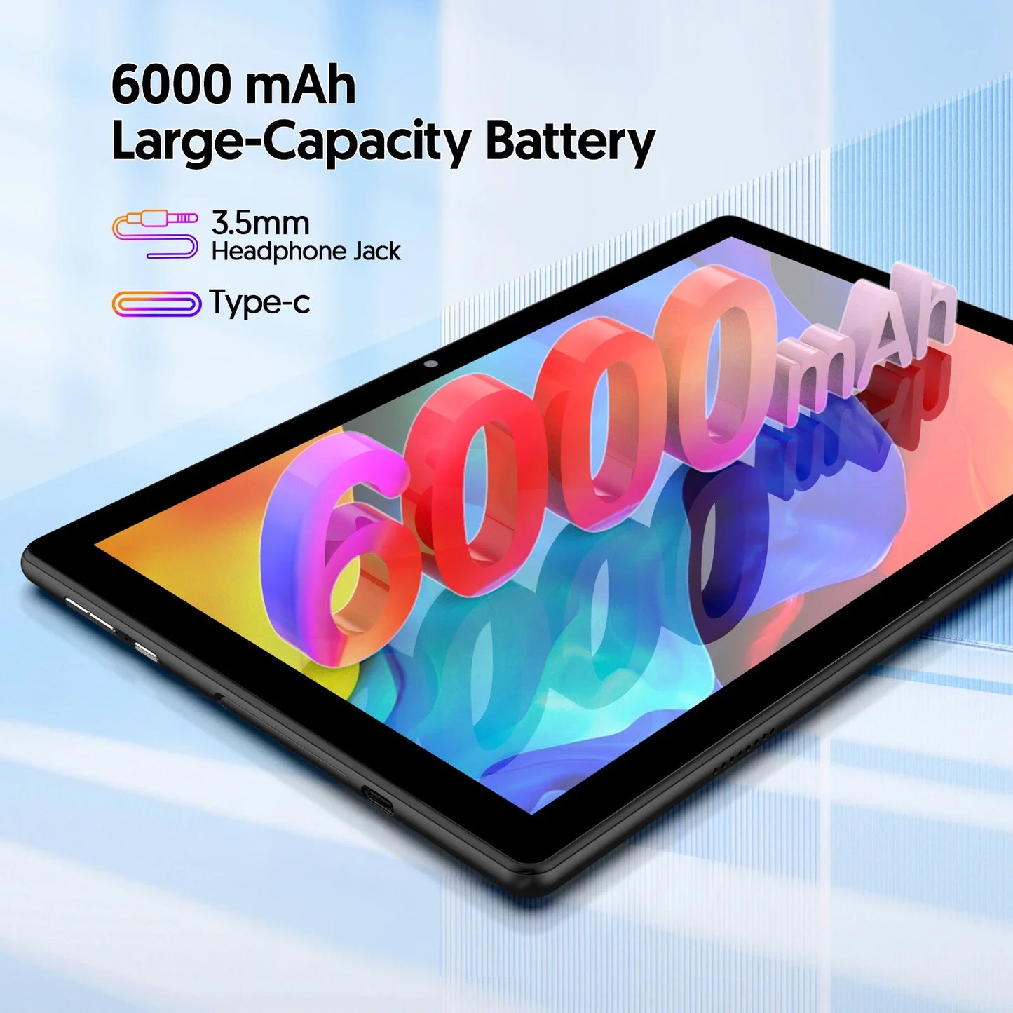 BAKEN 10-inch tablet with SIM card slot, Android 15, Wi-Fi, GPS, Bluetooth, 64GB storage, dual speakers, USB-C port.