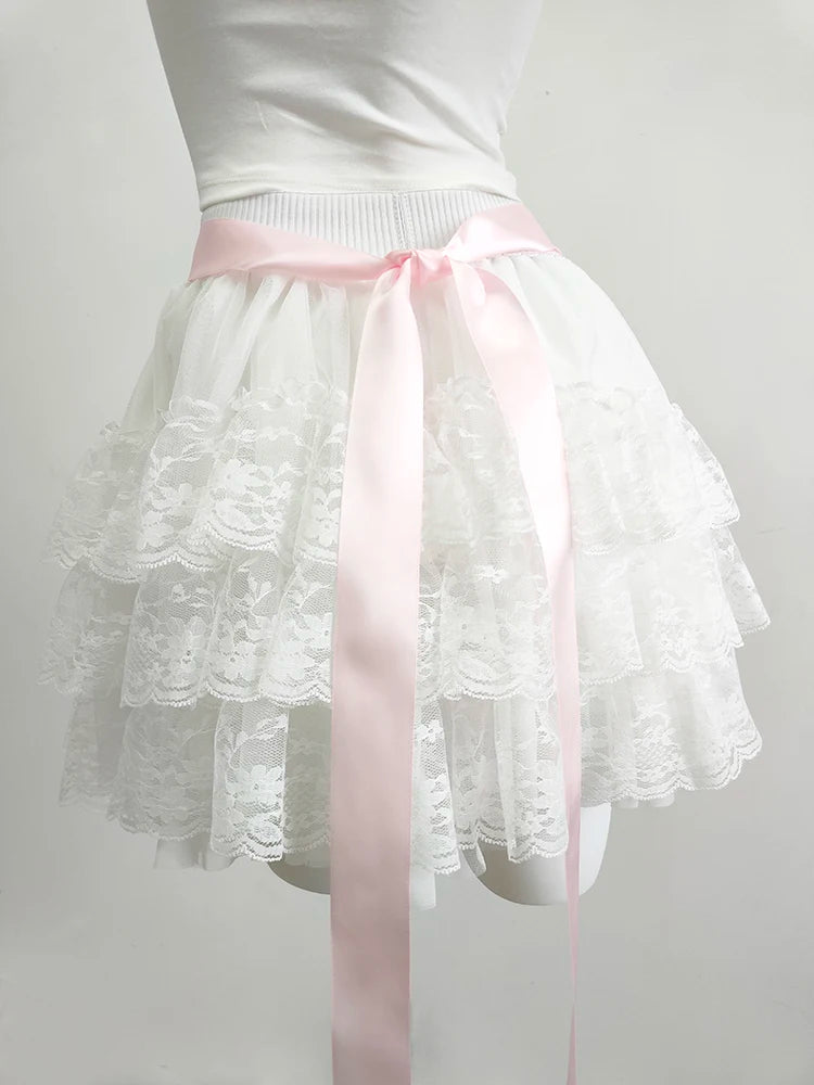 Multilayered Lace Skirts for Sweet Girls Summer Ribbons Bows Decoration Elastic Waist Lolita Style White Skirt Kawaii Clothes.