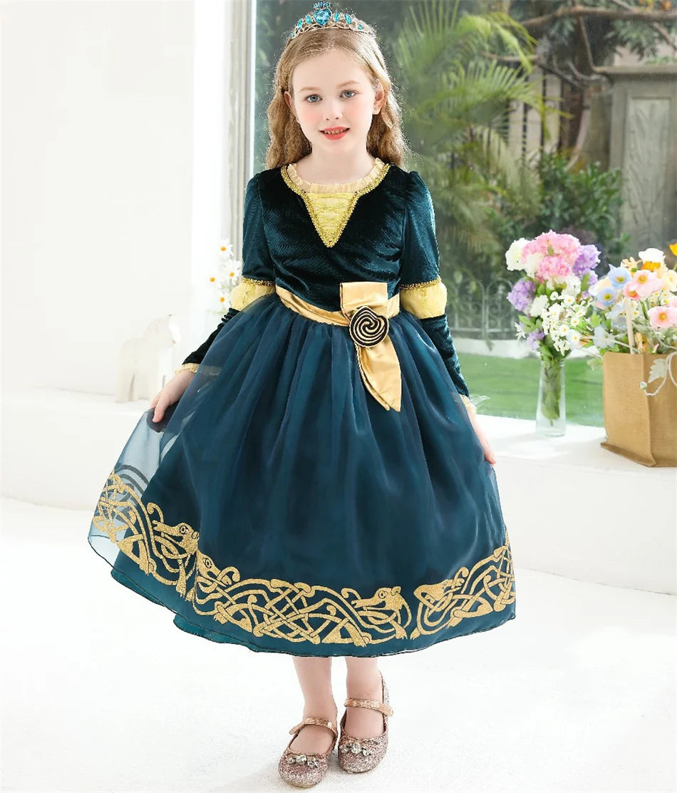 Girls Merida Cosplay Princess Dress Children Stage Performance Clothes Kids Halloween Carnival Party Long Sleeves Outfits.