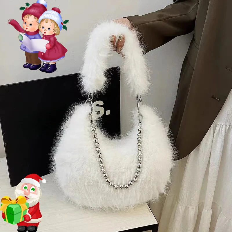 Luxurious Faux Fur Tote Bag Chic Underarm Shoulder Bag Stylish Handbag & Purse with Pearl Chain Strap, Polyester Lined Interior.