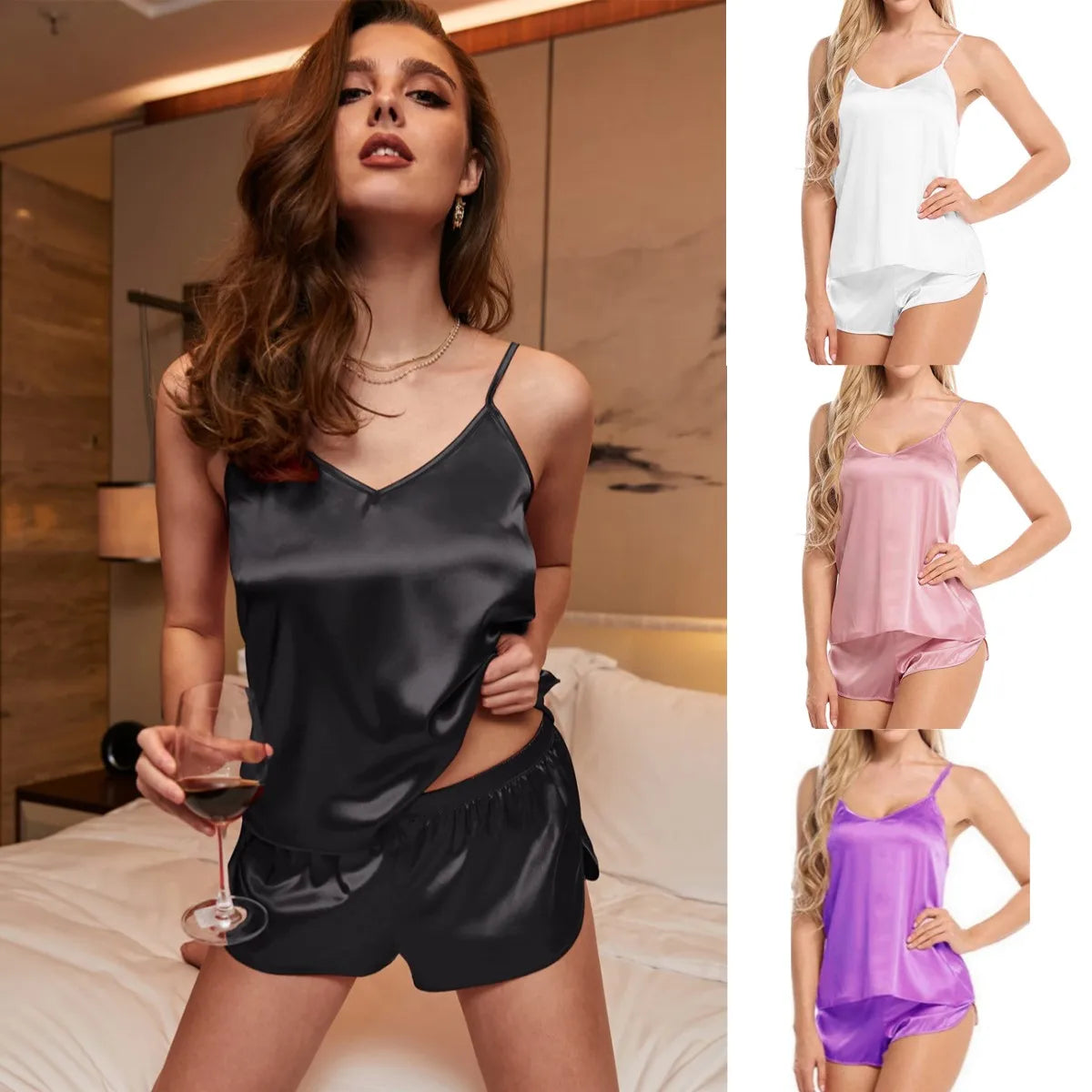 Sexy Frauen Pyjama Satin Spitze Seide Hosenträger V-Ausschnitt Tops Shorts Robe Pyjama Set Nachthemd Unterwäsche Nachthemd Anzug.