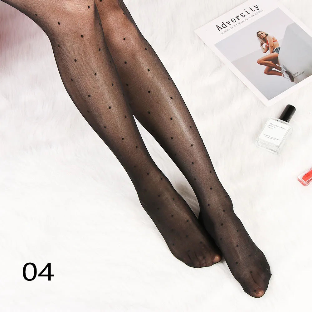 Sexy Women love Dot Embroidery Silk Stocking Thin Vintage Faux Tattoo Thigh Sheer Pantyhose Female Elastic Hosiery girls Tights.