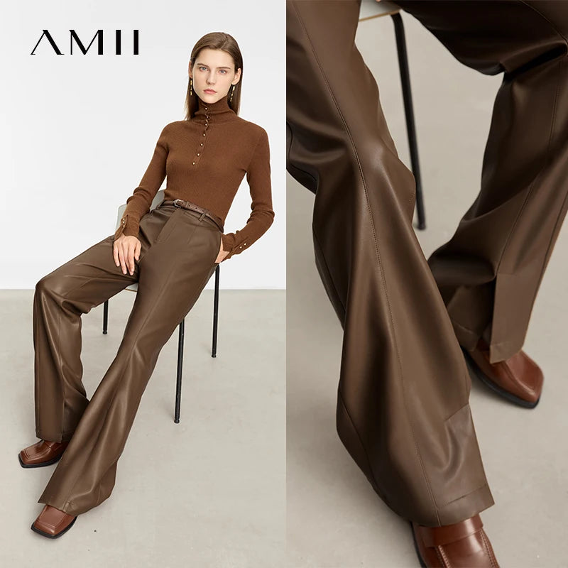 AMII Minimalist Casual Pants for Women 2025 Autumn Clothing PU Leather Loose Straight Pants Slit Office Lady Trousers 12343250.