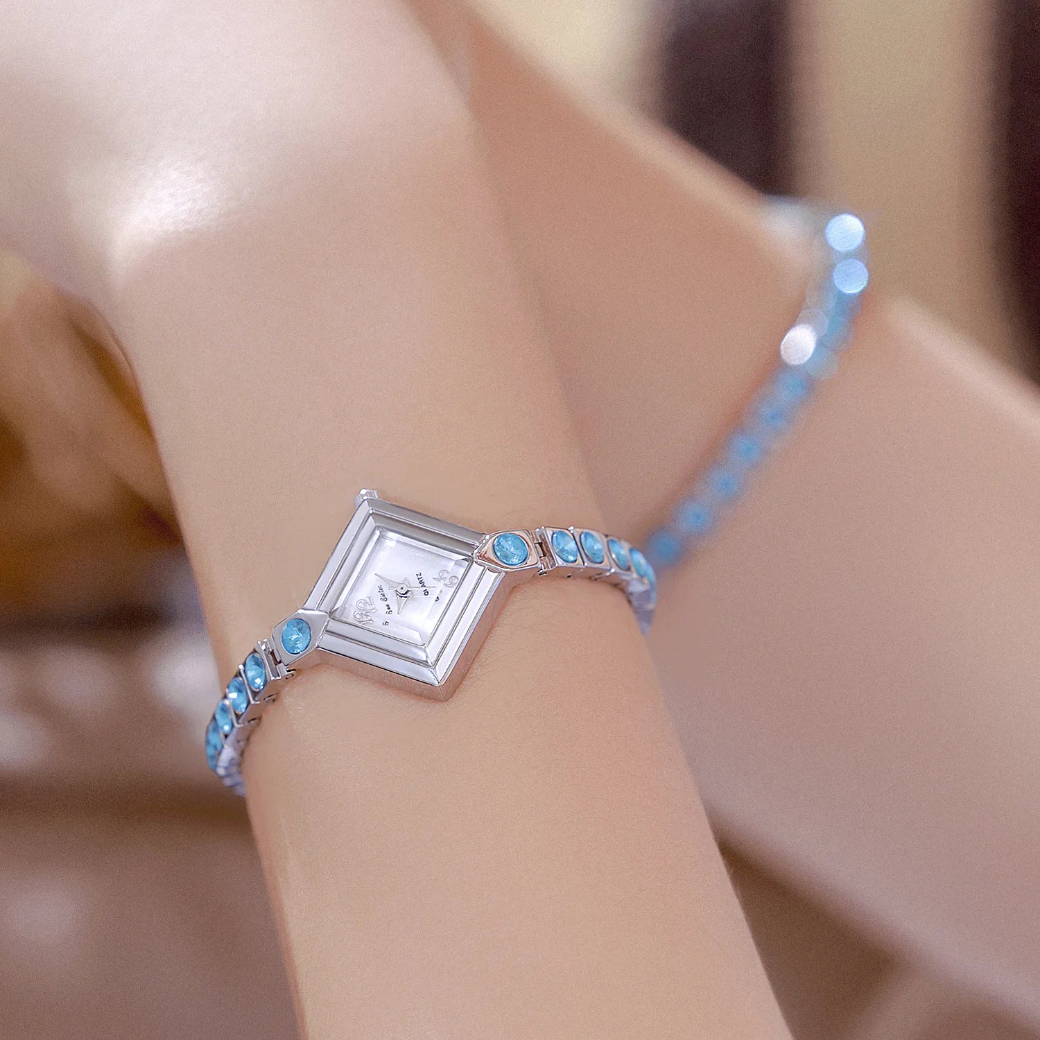 Luxury Women's Watch Square Dial Blue Rhinestones Bracelet Waterproof Fashion Elegant Wristwatch for Women Daily Wear Gifts.