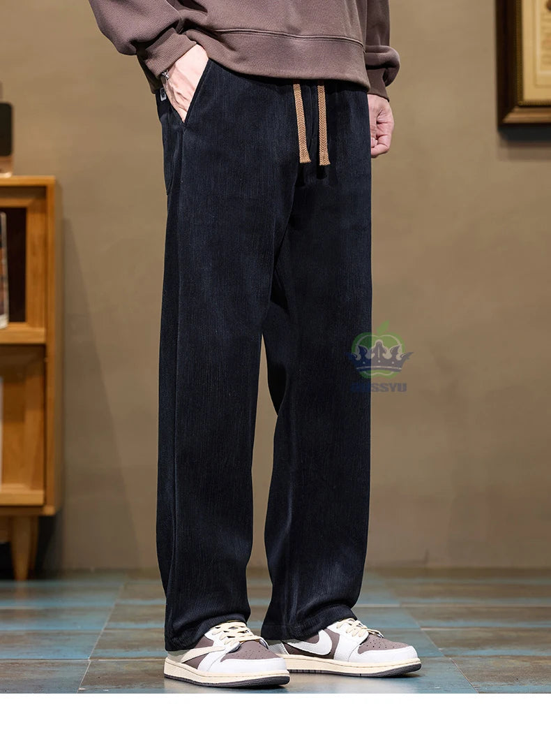 Autumn Winter Men's Corduroy Pants Elastic Waist Fashion Stretch Loose Straight Black Grey Thick Trousers Male Plus Size M-5xl.