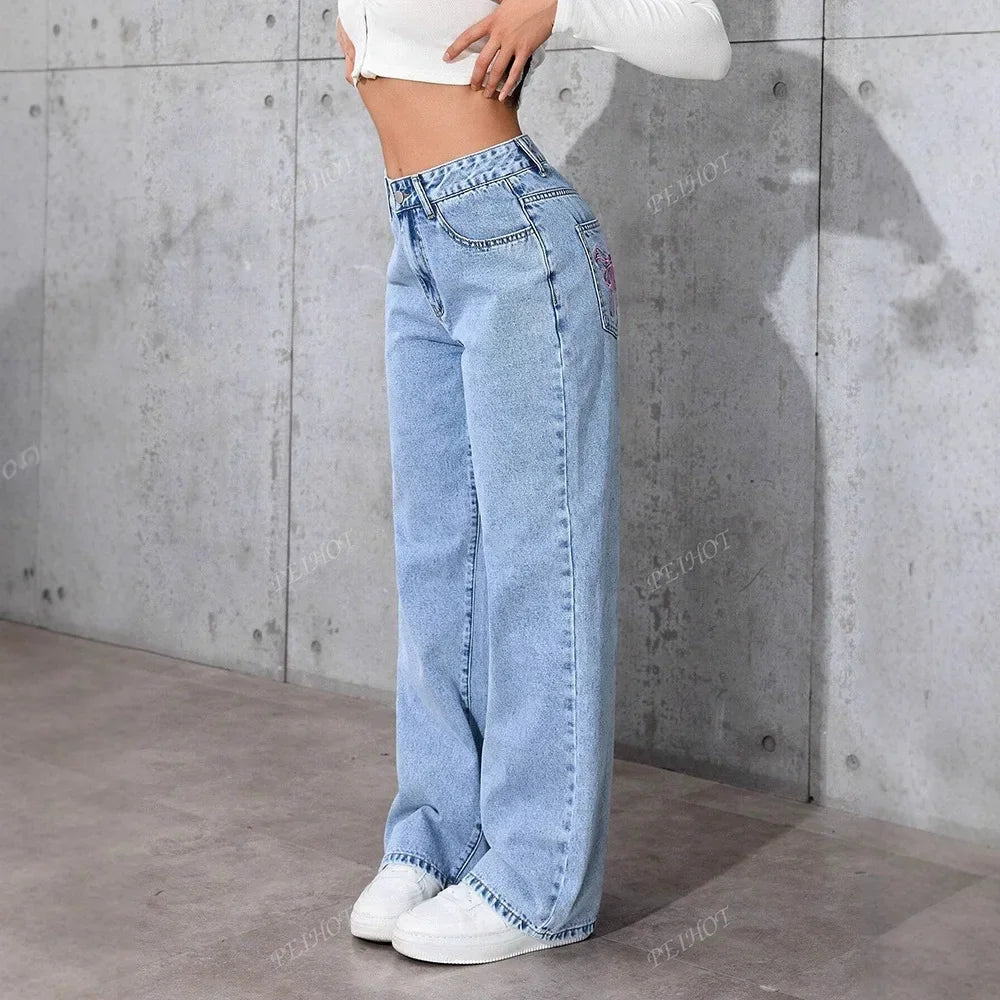 Fashionable Loose Women's Jeans High Waist Straight Leg Summer New Style Printed Trendy Cross-Border Denim Pants.