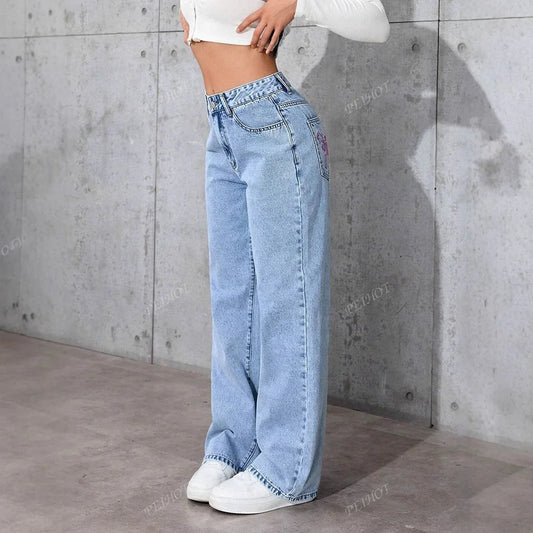 Fashionable Loose Women's Jeans High Waist Straight Leg Summer New Style Printed Trendy Cross-Border Denim Pants.