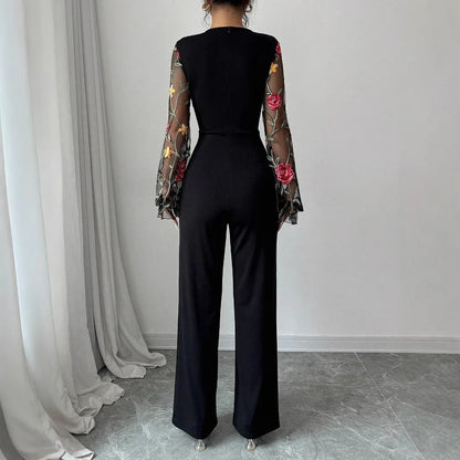 Spring Embroidery Floral jumpsuit Women Mesh long sleeve patchwork one piece set Elegant slim high waist wide leg Romper.