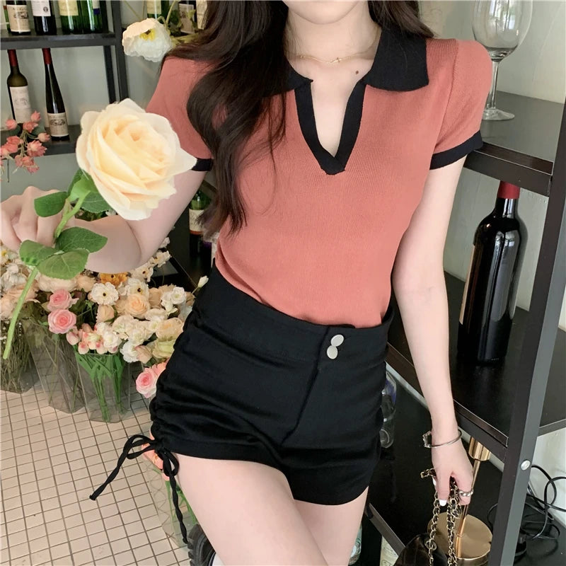 Jielur Spell Color Polo Knitting Women's Blouses Slim Sexy Short Sleeve Summer New Casual Female Blouse Chic Simple Office Lady.