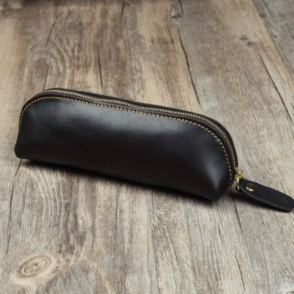 Vintage Leather Pencil Bag Simple Stationery Hoder Pen Case Storage Bag Zipper Pencil Pouch Glasses Box School Supplies.