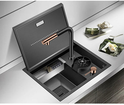 Nanometer Hidden Bar Island kitchen Sink 304 Stainless Steel Flip Cover Hidden Handmade Small Size kitchen Sinks With Cup Rinser