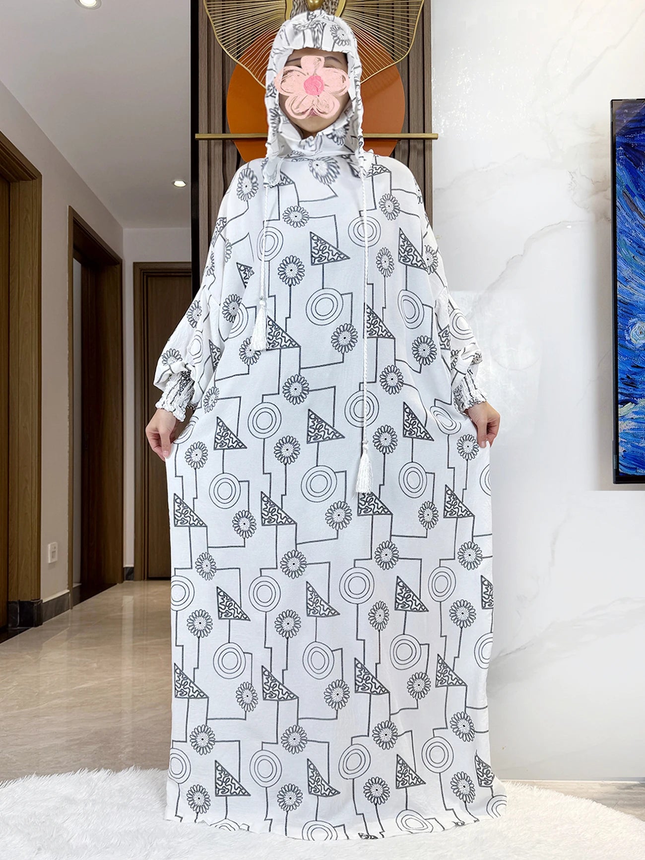 Promotion New Double Hat Women Abaya With Hooded Irregular Pattern Long Abaya Tassel Muslim Saudi Prayer Kaftan Oriental Robes