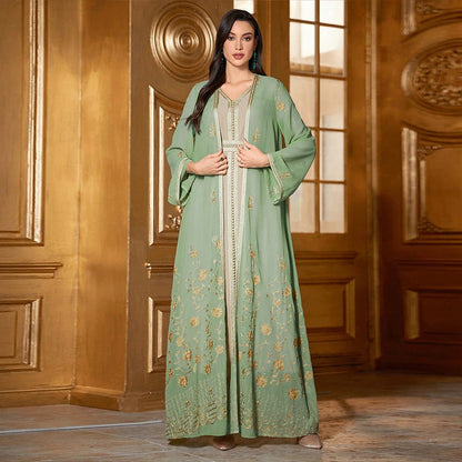 2 Pieces Set Muslim Women Matching Set Embroidery Open Kimono Abaya Maxi Dress Dubai Kaftan Robe Eid Djellaba Kebaya Caftan Arab.