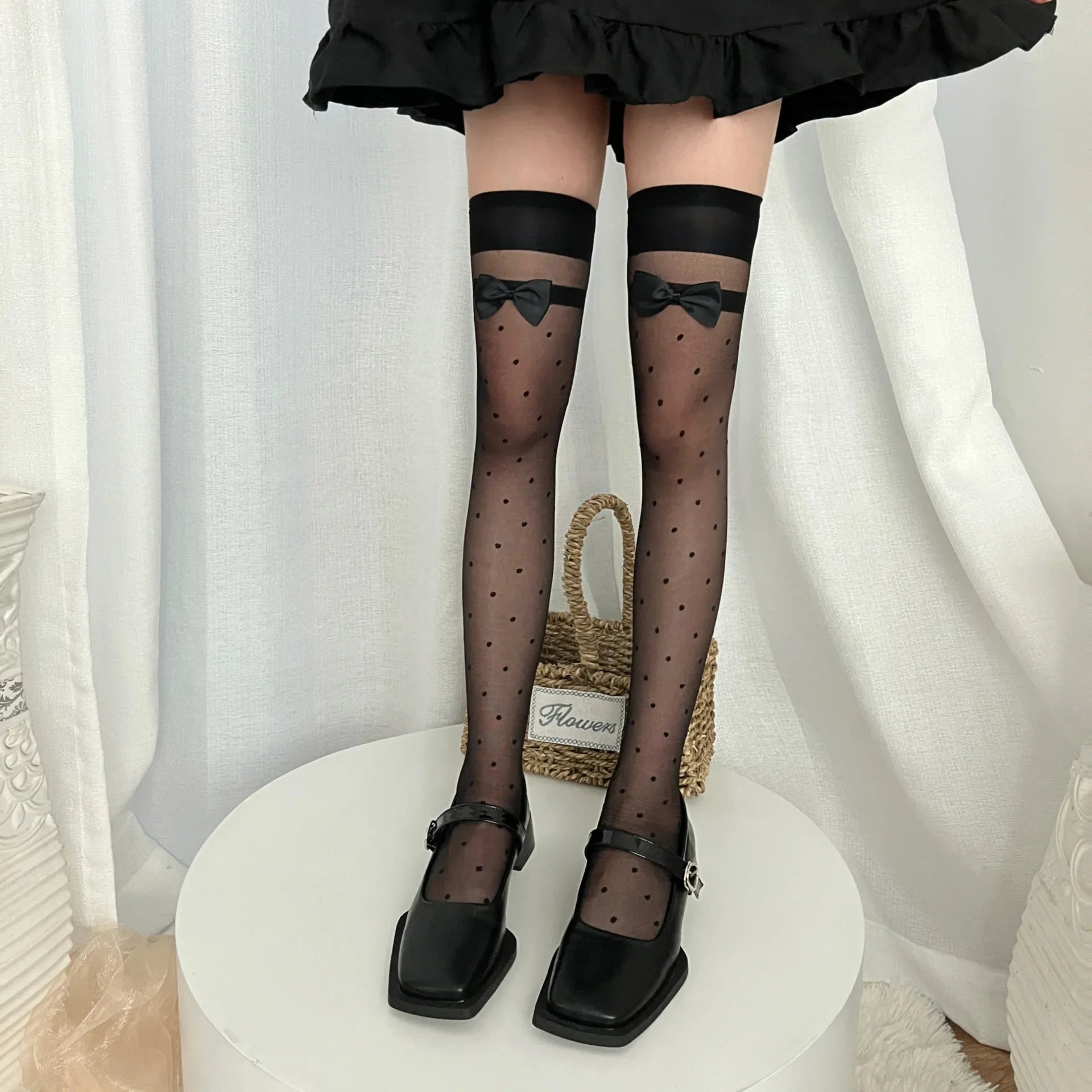 Black Silk Long Tube Socks with Small Polka Dot Bow Knot for Women Thin Summer Knee High Stockings Vintage JK Style over Knee.