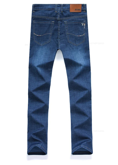 Sommer Dünne männer Gerade Jeans Klassische Schwarz Blau Stretch Casual Business Baggy Denim Hosen Männliche Marke Hosen
