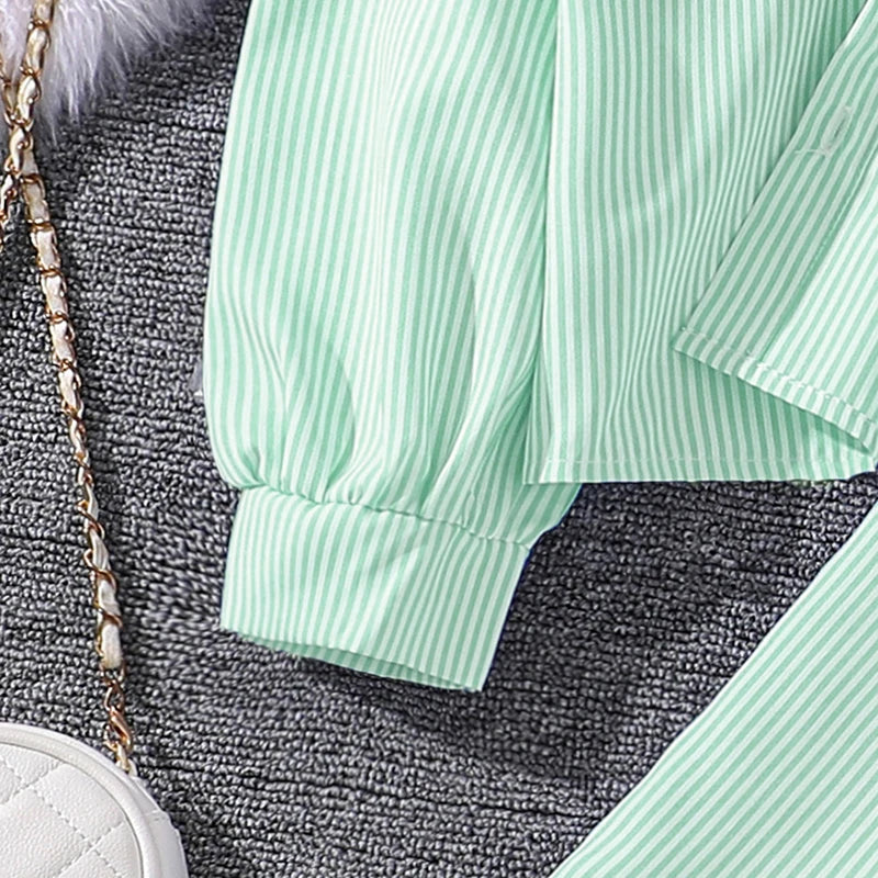 Spring Hot Sale Kids Outfit 4-12 Years Girls Striped Long Sleeve Chemise + Casual Loose Straight Leg Pants Shirt Suit 2Pcs Set