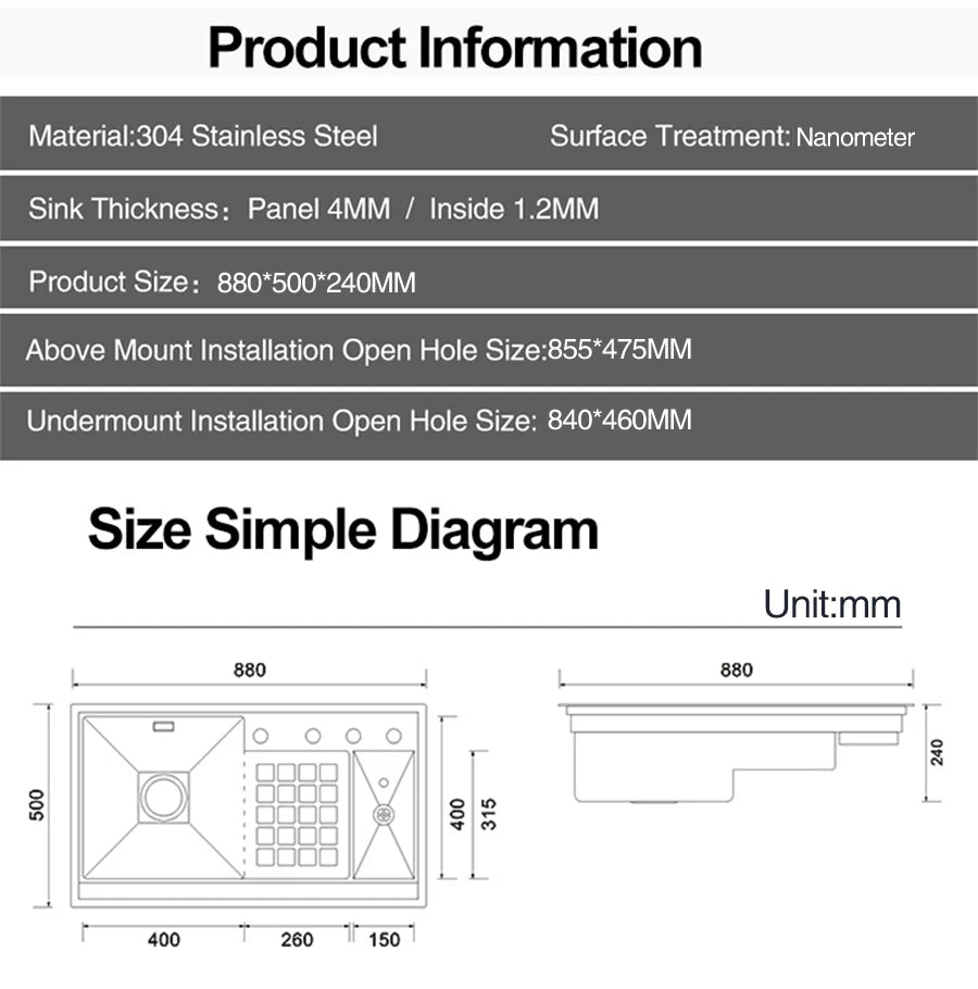 ASRAS Nanometer Black Flip Cover Hidden kitchen Sink 304 Stainless Steel 4mm Thickness Handmade Stepped Sinks Cup Rinser Sinks