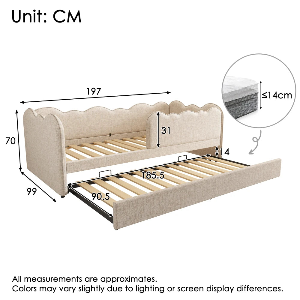 Gepolstertes Tagesbett 90x190cm, Tagesbett Schlafsofa mit ausziehbarem Bett 90x190cm, Kinderbett mit Gitter ohne Matratze