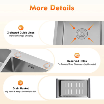 Küchenspüle aus Edelstahl, Doppelschüssel, Küchenspüle, Küchenspüle mit Abflusskorb für Garagen, Keller, Bars, Küchen