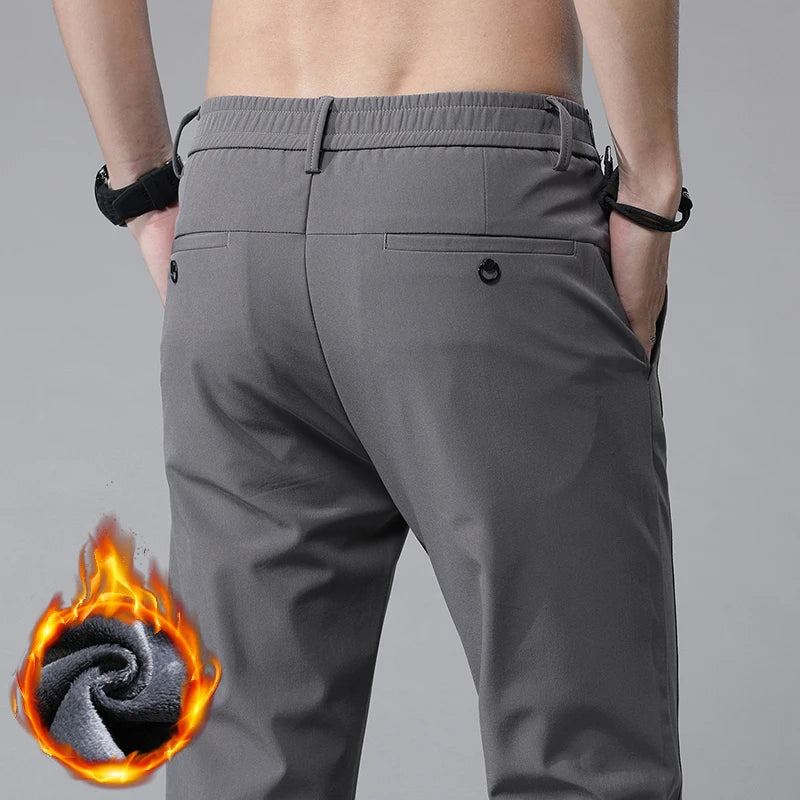 Korean Men's Warm Golf Pants Slim Straight Winter Thick Fleece Casual Pants Business Fashion Stretch Thermal Trousers Male.