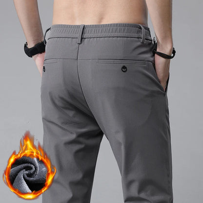 Korean Men's Warm Golf Pants Slim Straight Winter Thick Fleece Casual Pants Business Fashion Stretch Thermal Trousers Male.