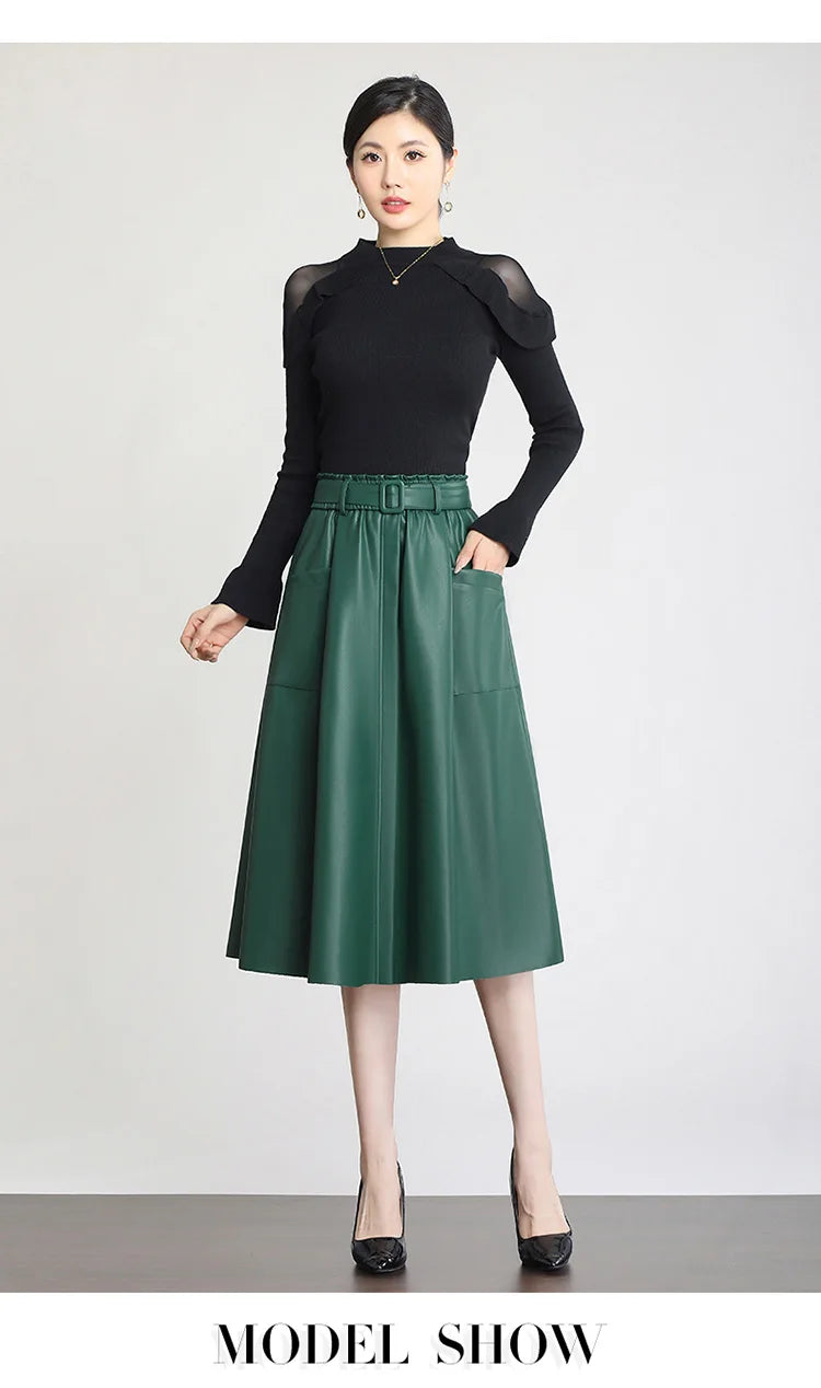S-5XL New Women Plus Size Leather Skirt Spring Autumn Fashion Stretch Waist A-Line Loose Long Skirt Split Leather Sheepskin