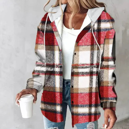 Neue Herbst und Winter frauen Plaid Jacke Mit Kapuze Mode Taste Strickjacke Top Tasche Casual Straße Vielseitige Jacke.