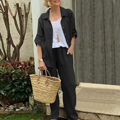 Elegant Solid Cotton Linen Shirt 2 Piece Set For Women Casual Outfits Autumn Long Sleeve Pocket Top Wide Leg Pants Suits Female.