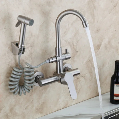Kitchen Faucet Stainless Steel Double Hole Hot and Cold Mixing Tap Wall Mount Balcony Laundry Swivel Tap With Spray Gun 주방수전