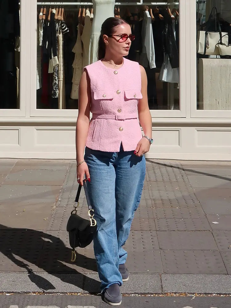 TRAFZA Frauen Elegante Solide Gürtel Westen Tops O Neck Metall Taste Ärmellose Weste Büro Dame Oberbekleidung Casual Blazer Tops.