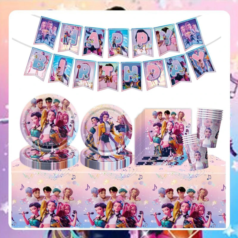 Kpop Demon Hunter Geburtstag Party Dekoration Geschirr Thema für Mädchen Event liefert Kuchen Topper Candy Box Teller Tassen Servietten.