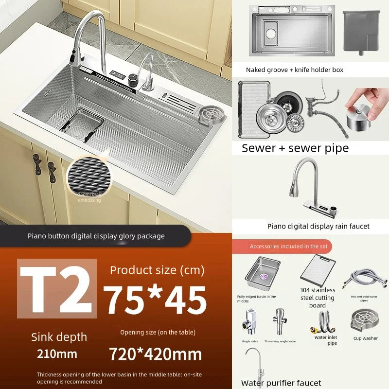 Kitchen Sink Stainless Steel Waterfall Wash Dish Vegetables Basin Multifunctional Smart Digital Display Screen Large Single Slot
