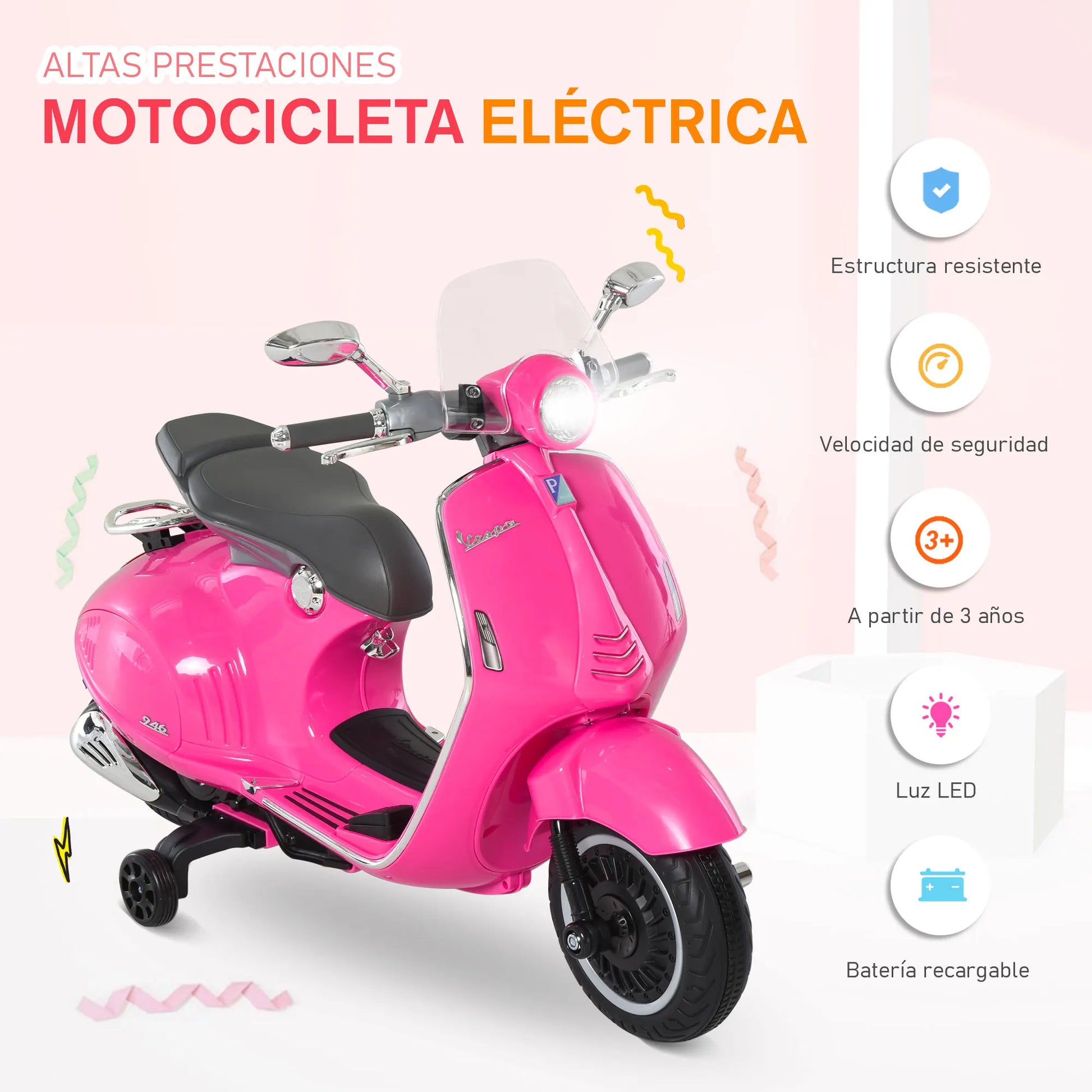 Electric Motorcycle for Children 3-6 Years Old Authorized from Vespa 108X49X75 cm.