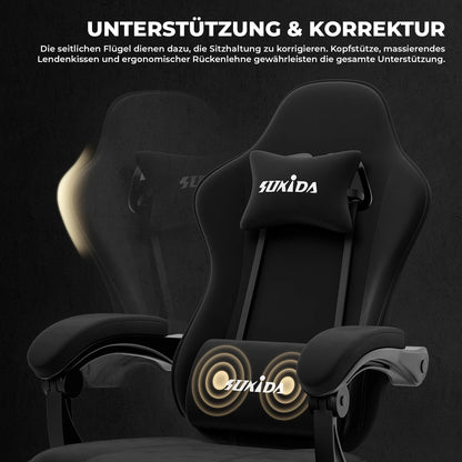 SUKIDA Gaming-Stuhl mit Fußstütze, PC-Stuhl im Racing-Stuhl-Design, ergonomischer Bürostuhl, verstellbar mit Lordosenstütze