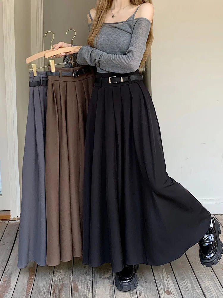 Qiukichonson Grey Midi Long Skirts Womens Maxi Skirt 2023 Autumn Winter Suit Skirt Goth Lolita High Waist Ruffle Pleated Skirts.