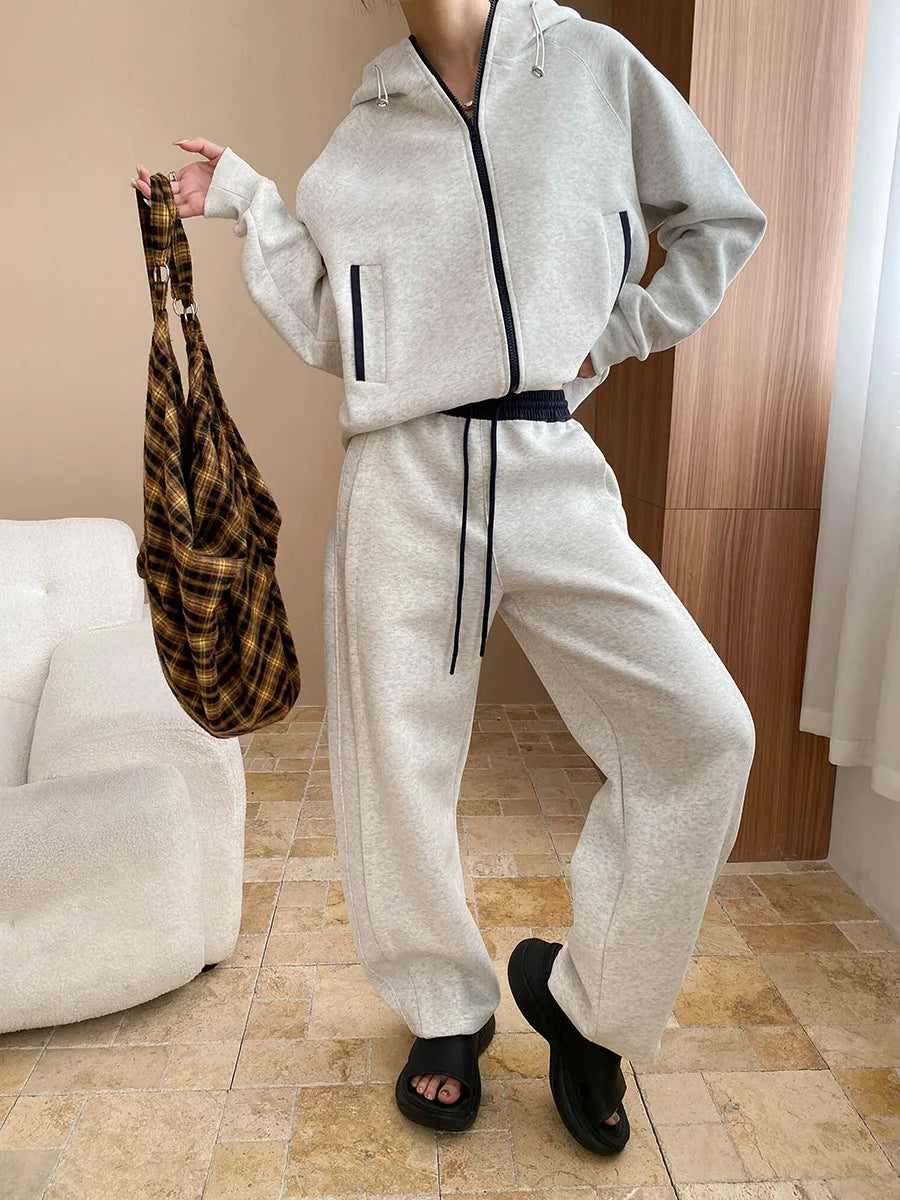 Spring and Autumn Women's Casual Solid Color Loose Hooded Sweatshirt+High Waist Loose Pants Set