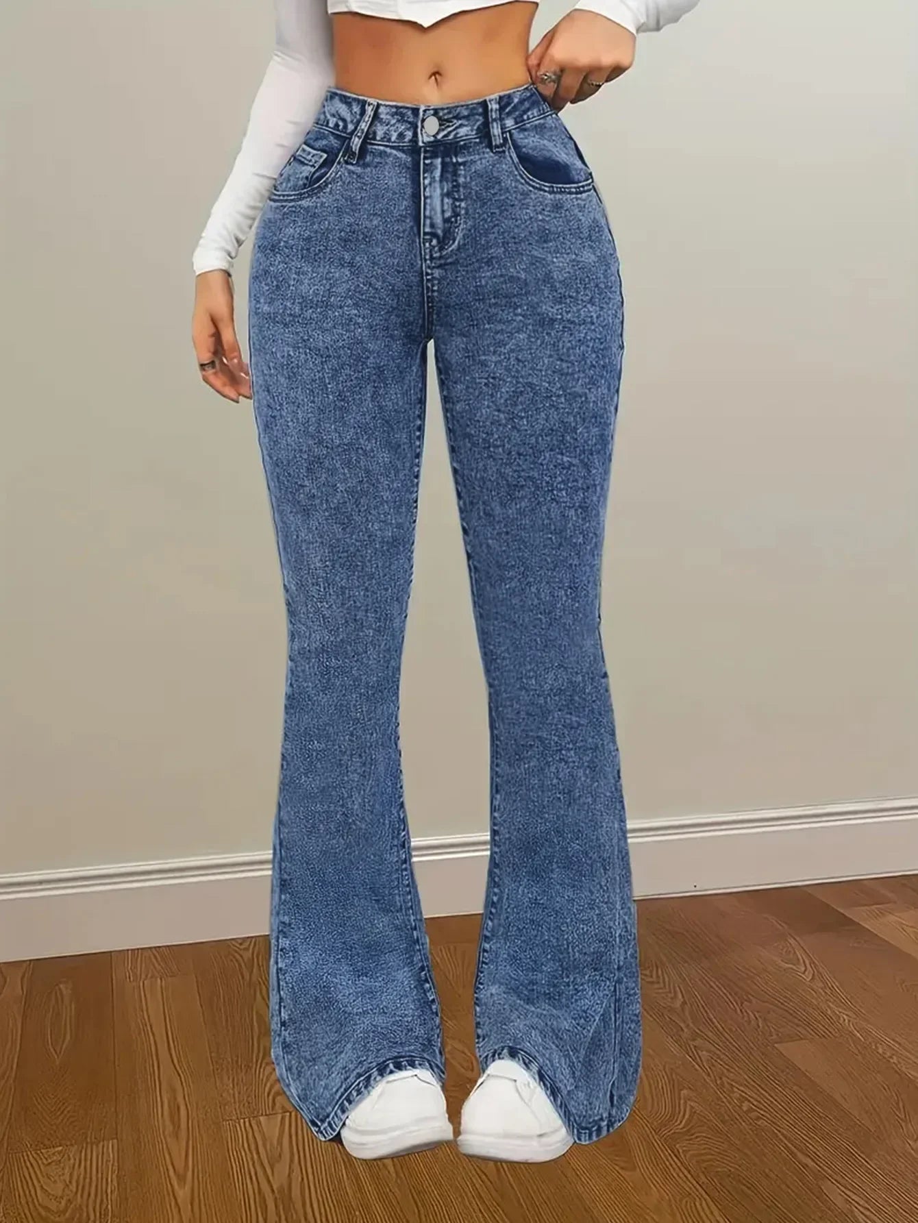 Women's Fashion Slim Fit Casual Micro Flared Jeans High Waist Bootcut Denim Pants Mid Rise Wide Leg Trousers.