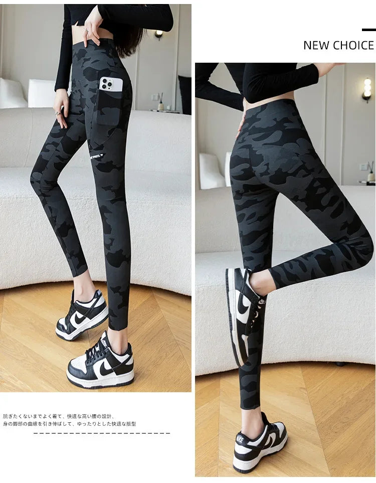Women Camo Shark Pants High Waist Pocket Leggings Big Size Stretchy Casual Pants Fashion Skinny Yoga Fitness Pants