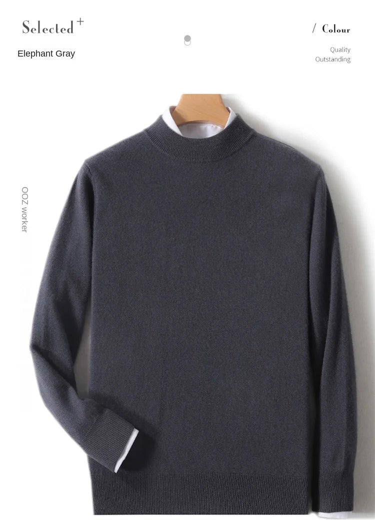 100% Pure Merino Wool Men's Semi High Neck Pullover Solid Color Plus Size Casual Sweater Autumn And Winter Sports Cashmere Top