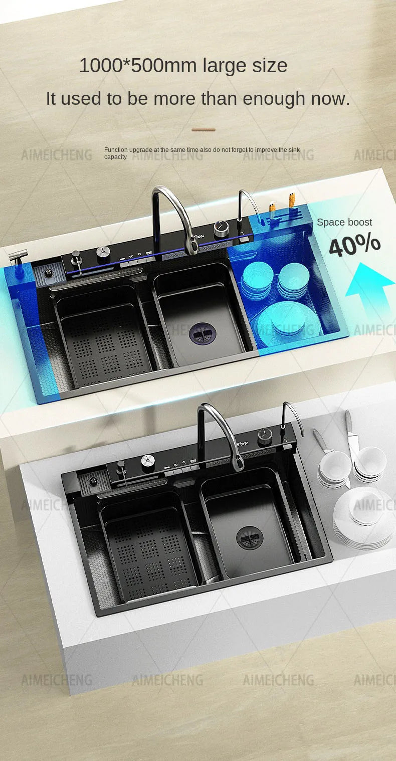 Heißer verkauf Edelstahl Wasserfall Küche Waschbecken Mit Messer Halter Digital Display Wasserhahn Set Geprägte Extra Große Einzigen Slot