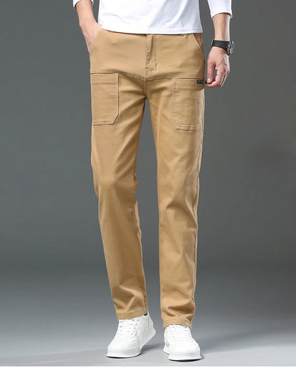 Spring and Autumn Men's Multi-Pocket Design Jeans Fashionable and Versatile White Khaki Red Comfortable Stretch Denim Pants.