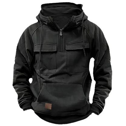 2025 New Autumn Winter Men's Hooded Solid-color Casual Hoodie Fashionable Young Man's Multi-Pocket Patch Hoodie Pullover Shirt.