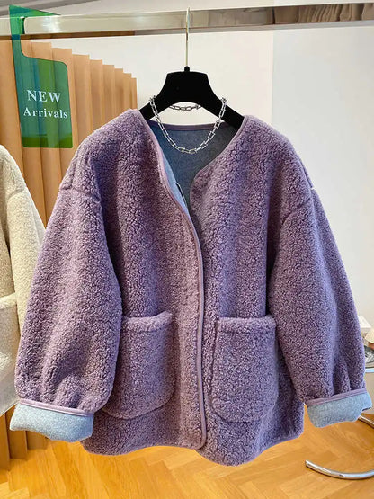 Hochwertige Lammwolljacke für Damen, lockerer warmer Samtmantel, 2025, neuer Frühling und Herbst, große Taschen, modische Oberbekleidung, M-3XL