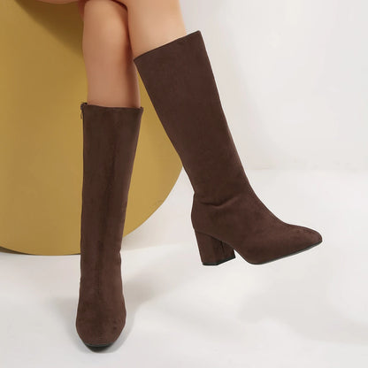 Women Boots Autumn Winter Elastic Slimming Knee-High Boots Fashion Pointed Toe Thick Heel Shoes Woman Side Zipper Casual Botas.