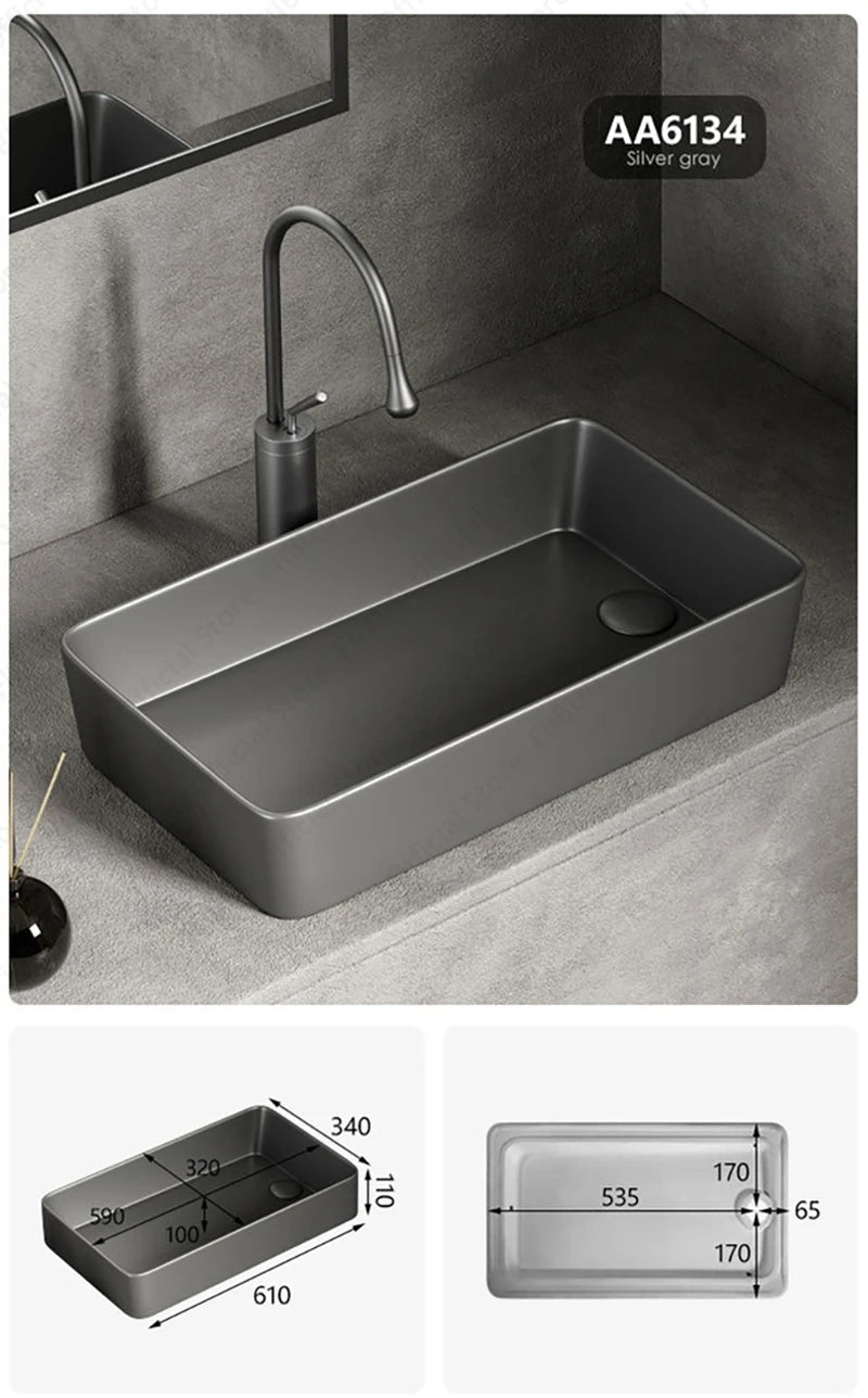 Rechteckiges silbergraues Porzellan-Keramikgefäßwaschbecken über der Theke, Toilette, Badezimmer-Schminktisch, Waschbecken, glasiertes weißes Waschbecken