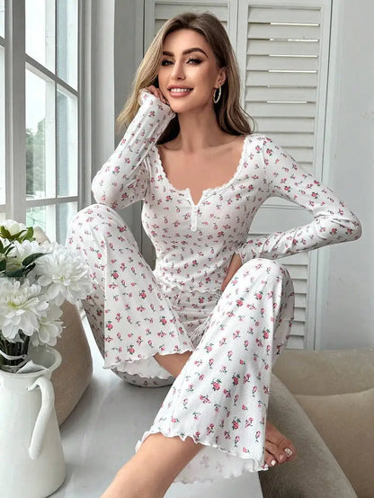 Nachtwäsche Frauen Floral Print Salat Trim Top mit Lange Hose Schöne Loungewear Volle Hülse Nachtwäsche Frühling Herbst Pyjamas Set.